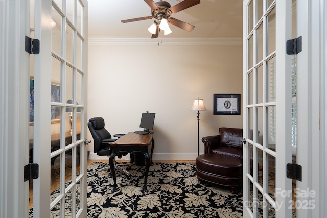 154 Pattersons Brg, New London, NC 28127 - home office with french doors, crown molding, a ceiling fan, baseboards, and wood finished floors