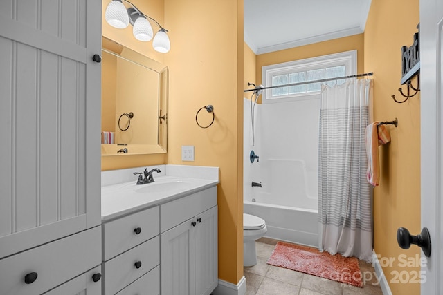 bathroom with crown molding, vanity, toilet, shower / tub combo, and tile patterned flooring