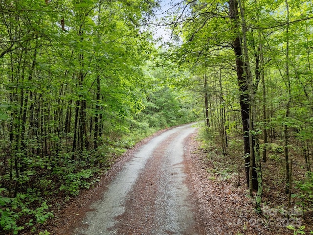 view of dirt / gravel road featuring a wooded view