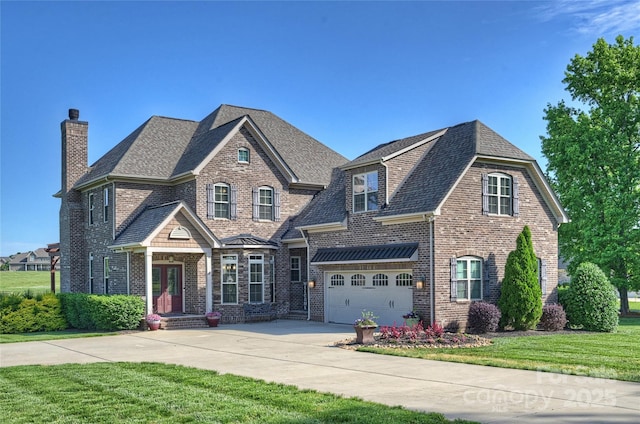 4941 Campobello Dr, Monroe, NC 28110 - view of front of property with driveway, brick siding, a front yard, an attached garage, and a chimney