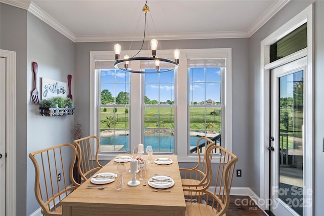 4941 Campobello Dr, Monroe, NC 28110 - dining space with a chandelier, baseboards, ornamental molding, wood finished floors, and a water view