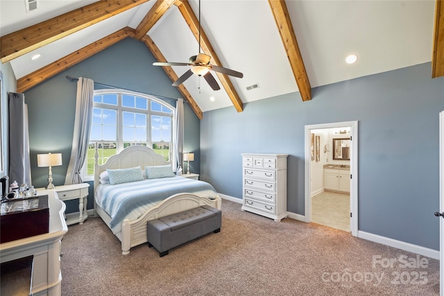 4941 Campobello Dr, Monroe, NC 28110 - bedroom featuring beam ceiling, carpet flooring, high vaulted ceiling, connected bathroom, and recessed lighting