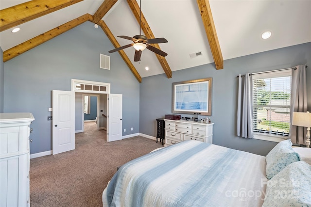4941 Campobello Dr, Monroe, NC 28110 - bedroom featuring high vaulted ceiling, beam ceiling, carpet, baseboards, and recessed lighting