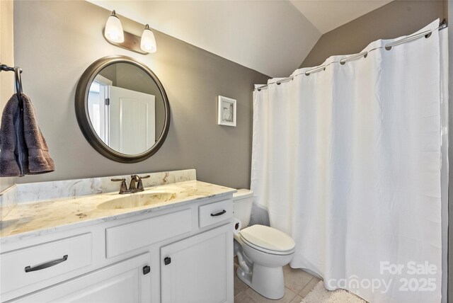 4941 Campobello Dr, Monroe, NC 28110 - full bath featuring lofted ceiling, vanity, tile patterned floors, toilet, and curtained shower