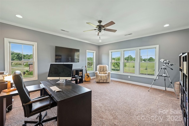 4941 Campobello Dr, Monroe, NC 28110 - home office with healthy amount of natural light, baseboards, a ceiling fan, carpet flooring, and ornamental molding