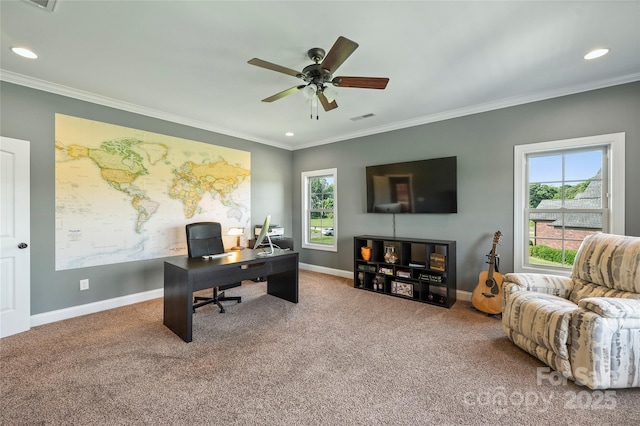 4941 Campobello Dr, Monroe, NC 28110 - office featuring crown molding, carpet floors, baseboards, ceiling fan, and recessed lighting