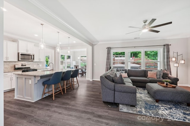 3218 Gilroy Dr, Fort Mill, SC 29707 - living area with dark wood-type flooring, ceiling fan, ornamental molding, and baseboards