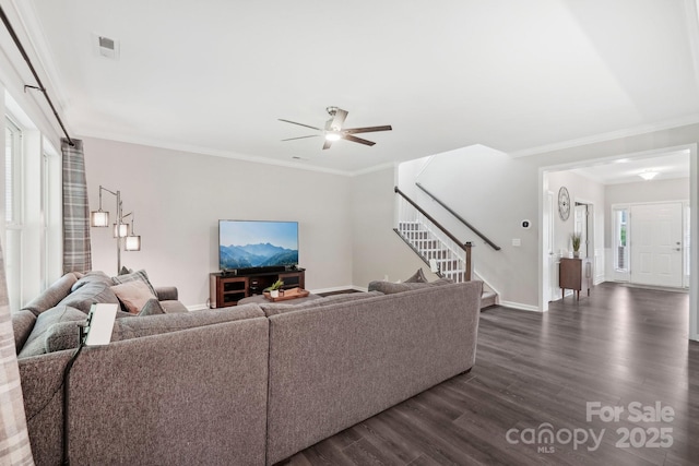 3218 Gilroy Dr, Fort Mill, SC 29707 - living room featuring stairway, dark wood finished floors, a ceiling fan, ornamental molding, and baseboards