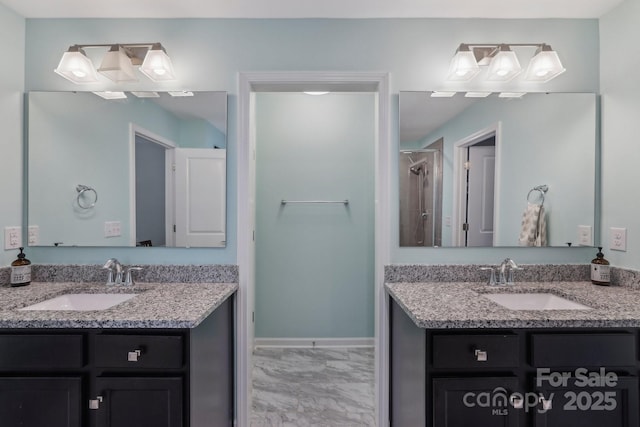 3218 Gilroy Dr, Fort Mill, SC 29707 - full bath featuring marble finish floors, two vanities, and an enclosed shower