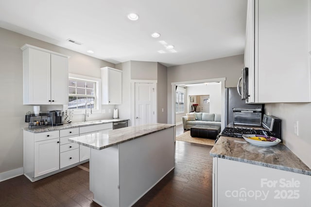 19 Wetland Way, Arden, NC 28704 - kitchen with a sink, stainless steel appliances, dark wood finished floors, white cabinets, and light stone countertops