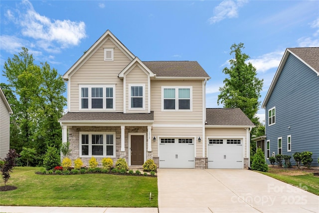1918 Thoreau Way, York, SC 29745 - view of front of home featuring concrete driveway, a front yard, stone siding, a shingled roof, and an attached garage