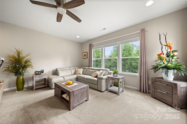 1918 Thoreau Way, York, SC 29745 - living room featuring ceiling fan, light carpet, baseboards, and recessed lighting