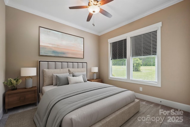 8825 Harris Rd, Concord, NC 28027 - carpeted bedroom featuring baseboards, crown molding, and ceiling fan