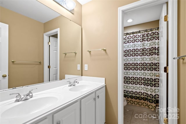 10616 Back Ridge Rd, Charlotte, NC 28277 - bathroom with tile patterned flooring, double vanity, and a shower with shower curtain