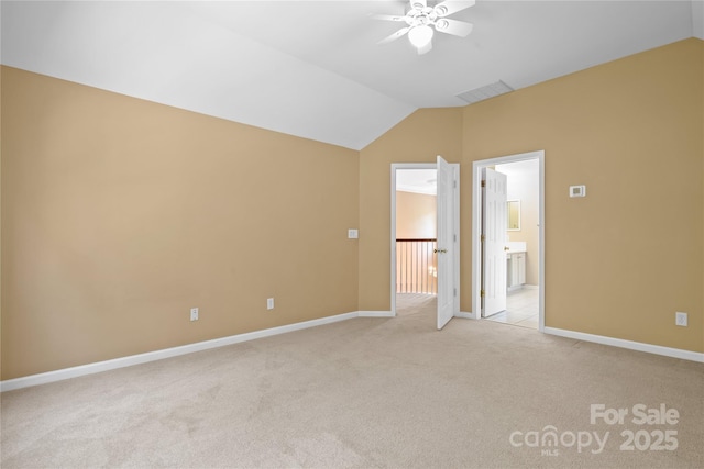 10616 Back Ridge Rd, Charlotte, NC 28277 - unfurnished room featuring a ceiling fan, lofted ceiling, light carpet, and baseboards