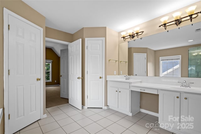 10616 Back Ridge Rd, Charlotte, NC 28277 - bathroom featuring double vanity, tile patterned flooring, baseboards, and an enclosed shower