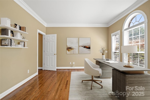 10616 Back Ridge Rd, Charlotte, NC 28277 - office area with crown molding, wood finished floors, healthy amount of natural light, and baseboards
