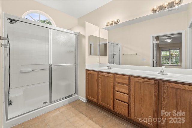 9430 Duckhorn Dr, Charlotte, NC 28277 - full bath featuring a stall shower, double vanity, and tile patterned floors