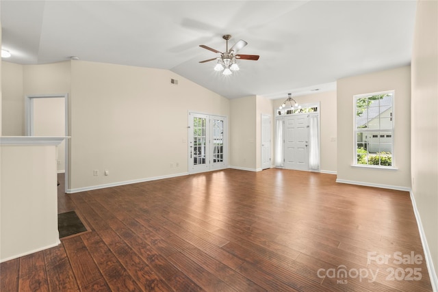 9430 Duckhorn Dr, Charlotte, NC 28277 - unfurnished living room with hardwood / wood-style flooring, a ceiling fan, healthy amount of natural light, and vaulted ceiling