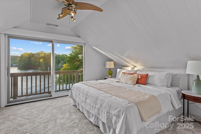 230 Shady Cove Rd, Troutman, NC 28166 - carpeted bedroom with vaulted ceiling, access to exterior, a water view, and a ceiling fan