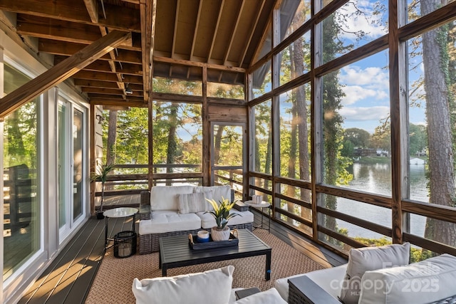 230 Shady Cove Rd, Troutman, NC 28166 - sunroom featuring a water view, an outdoor living space, plenty of natural light, and lofted ceiling
