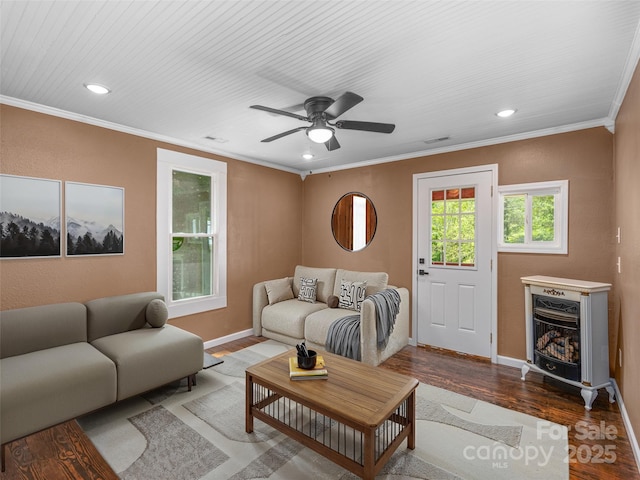 280 Noland Dr, Clyde, NC 28721 - living room with wood finished floors, baseboards, recessed lighting, crown molding, and a ceiling fan
