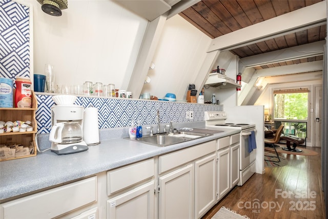 kitchen featuring white range with electric stovetop, a sink, wood ceiling, light countertops, and white cabinetry