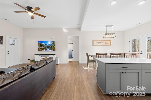 242 Delview Dr, Cherryville, NC 28021 - living area featuring wood finished floors, baseboards, ceiling fan, recessed lighting, and french doors