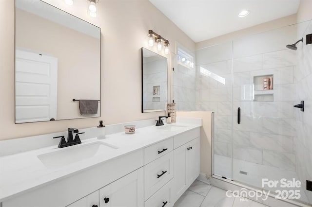 242 Delview Dr, Cherryville, NC 28021 - bathroom featuring a shower stall, marble finish flooring, double vanity, and recessed lighting