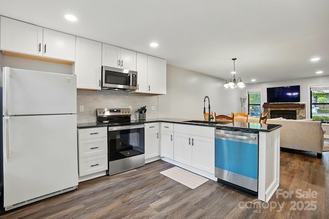 392 Tall Oaks Trl, Fort Mill, SC 29715 - kitchen with stainless steel appliances, a sink, dark countertops, a peninsula, and open floor plan