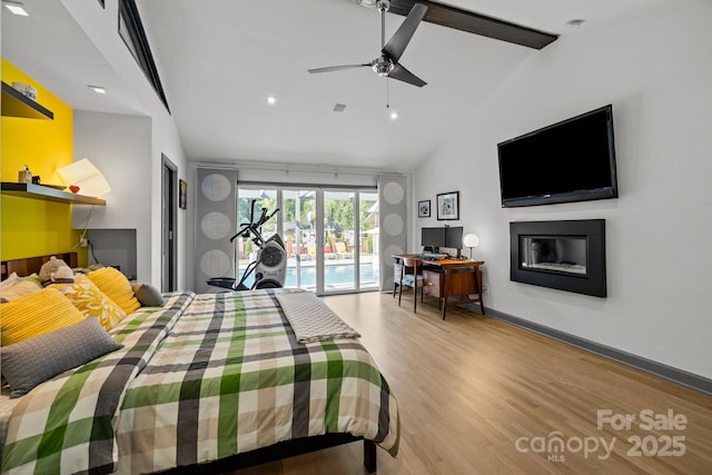 2121 Valencia Ter, Charlotte, NC 28226 - bedroom featuring access to exterior, wood finished floors, beam ceiling, baseboards, and a ceiling fan