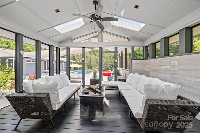 2121 Valencia Ter, Charlotte, NC 28226 - sunroom with a skylight, an outdoor living space, hardwood / wood-style flooring, and vaulted ceiling