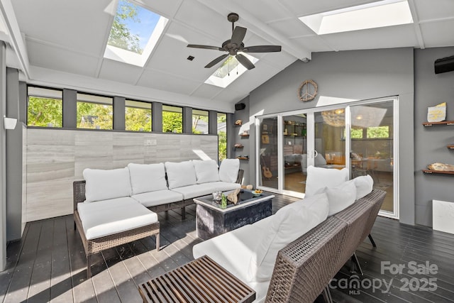 2121 Valencia Ter, Charlotte, NC 28226 - living room featuring a skylight, hardwood / wood-style flooring, and ceiling fan