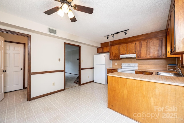 1330 5th St NE Unit 145, Hickory, NC 28601 - kitchen with white appliances, under cabinet range hood, a sink, light countertops, and a textured ceiling