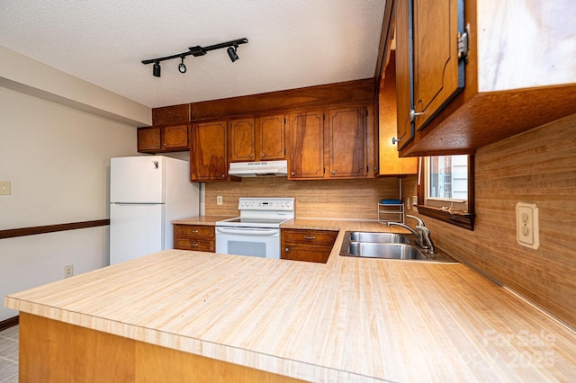 1330 5th St NE Unit 145, Hickory, NC 28601 - kitchen with white appliances, under cabinet range hood, a sink, and brown cabinetry