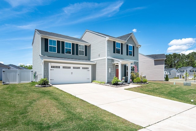traditional home with driveway, a garage, and a gate
