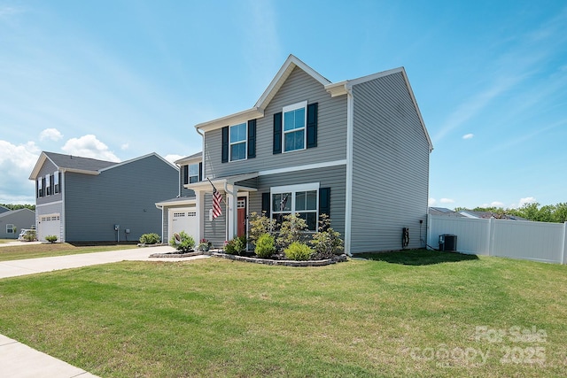 traditional home featuring driveway, cooling unit, and a garage