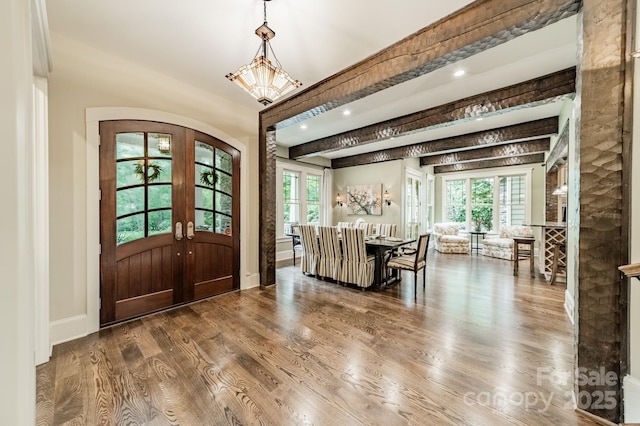 157 Dedham Loop, Mooresville, NC 28117 - entryway with french doors, wood finished floors, arched walkways, baseboards, and recessed lighting