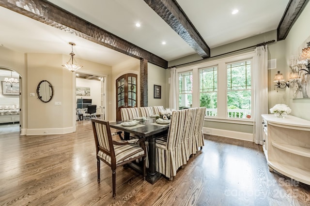 157 Dedham Loop, Mooresville, NC 28117 - dining space with beamed ceiling, dark wood-style flooring, baseboards, a chandelier, and recessed lighting