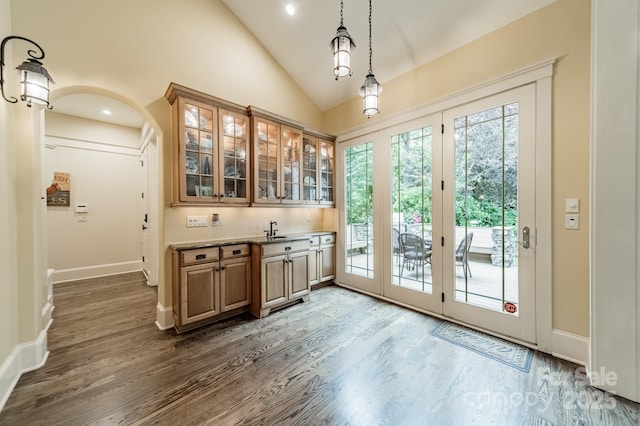 157 Dedham Loop, Mooresville, NC 28117 - bar featuring dark wood-type flooring, lofted ceiling, baseboards, and pendant lighting