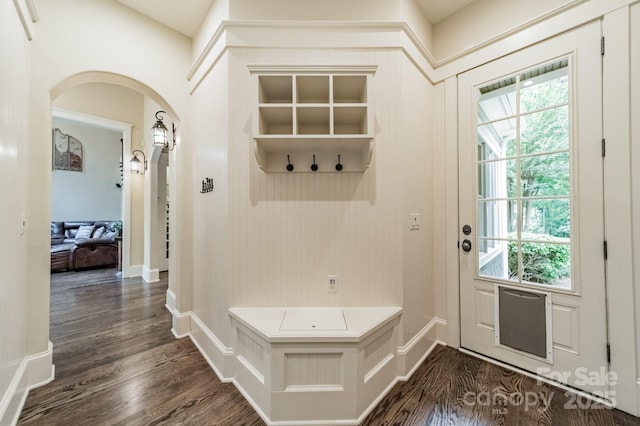 157 Dedham Loop, Mooresville, NC 28117 - mudroom featuring arched walkways, healthy amount of natural light, dark wood finished floors, and baseboards