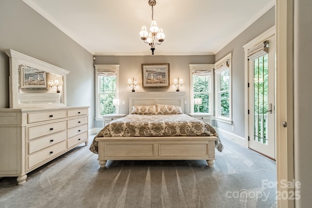 157 Dedham Loop, Mooresville, NC 28117 - carpeted bedroom featuring access to exterior, multiple windows, crown molding, a chandelier, and baseboards