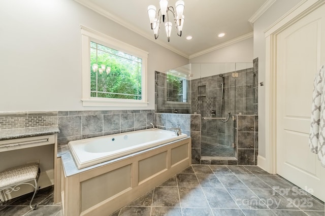 157 Dedham Loop, Mooresville, NC 28117 - bathroom featuring ornamental molding, a garden tub, a chandelier, a shower stall, and recessed lighting