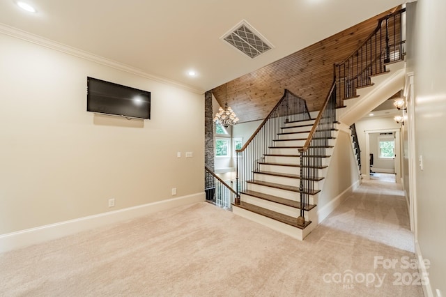 157 Dedham Loop, Mooresville, NC 28117 - staircase featuring baseboards, carpet floors, a chandelier, recessed lighting, and healthy amount of natural light