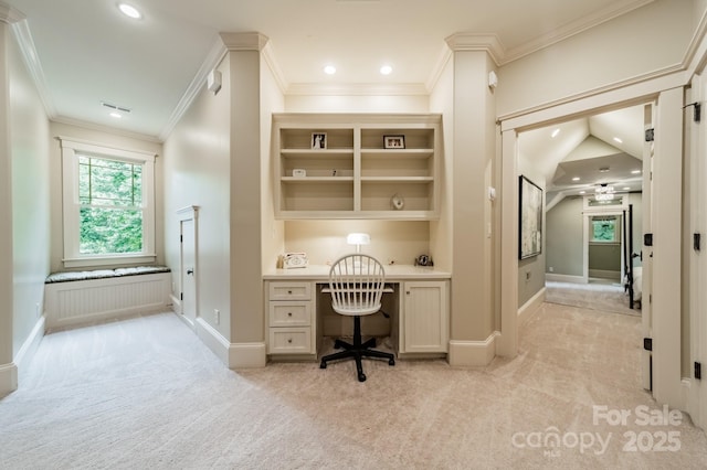 157 Dedham Loop, Mooresville, NC 28117 - office featuring light colored carpet, built in desk, recessed lighting, baseboards, and ornamental molding