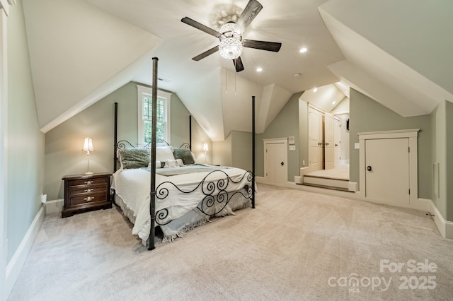 157 Dedham Loop, Mooresville, NC 28117 - bedroom featuring carpet floors, vaulted ceiling, baseboards, recessed lighting, and ceiling fan