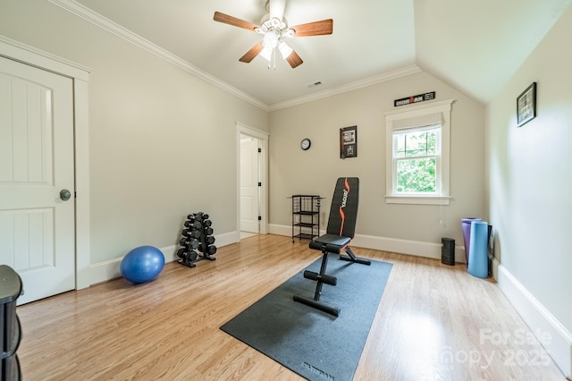 157 Dedham Loop, Mooresville, NC 28117 - exercise room with wood finished floors, a ceiling fan, baseboards, and ornamental molding