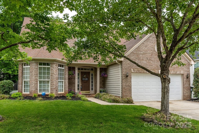 5656 Cambridge Bay Dr, Charlotte, NC 28269 - view of front facade with concrete driveway, an attached garage, a front lawn, and brick siding