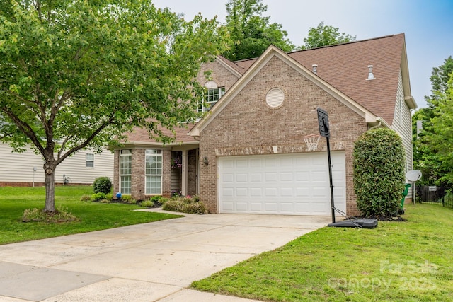 5656 Cambridge Bay Dr, Charlotte, NC 28269 - traditional-style house featuring an attached garage, brick siding, a front lawn, concrete driveway, and roof with shingles