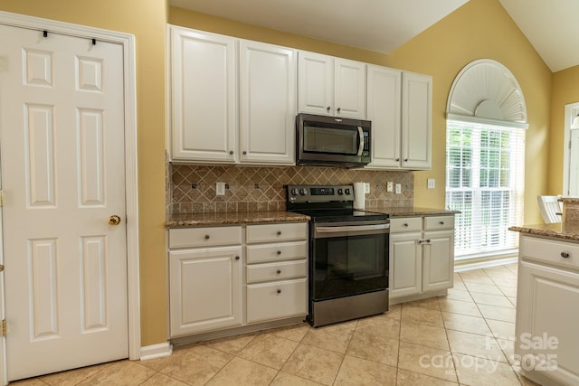 5656 Cambridge Bay Dr, Charlotte, NC 28269 - kitchen with electric stove, tasteful backsplash, white cabinets, and stone countertops